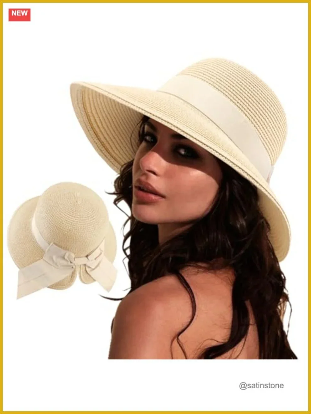 Women's Paper Straw Sun Hat Foldable Wide Brim Bucket Hat with Bowknot UPF 50+